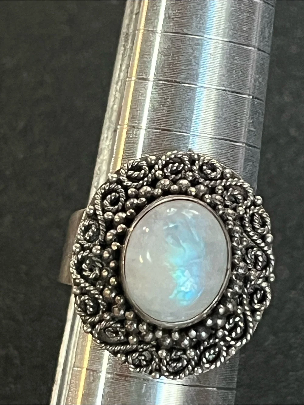 Sterling Silver Moonstone Beaded Halo Ring -Blue flash. See description